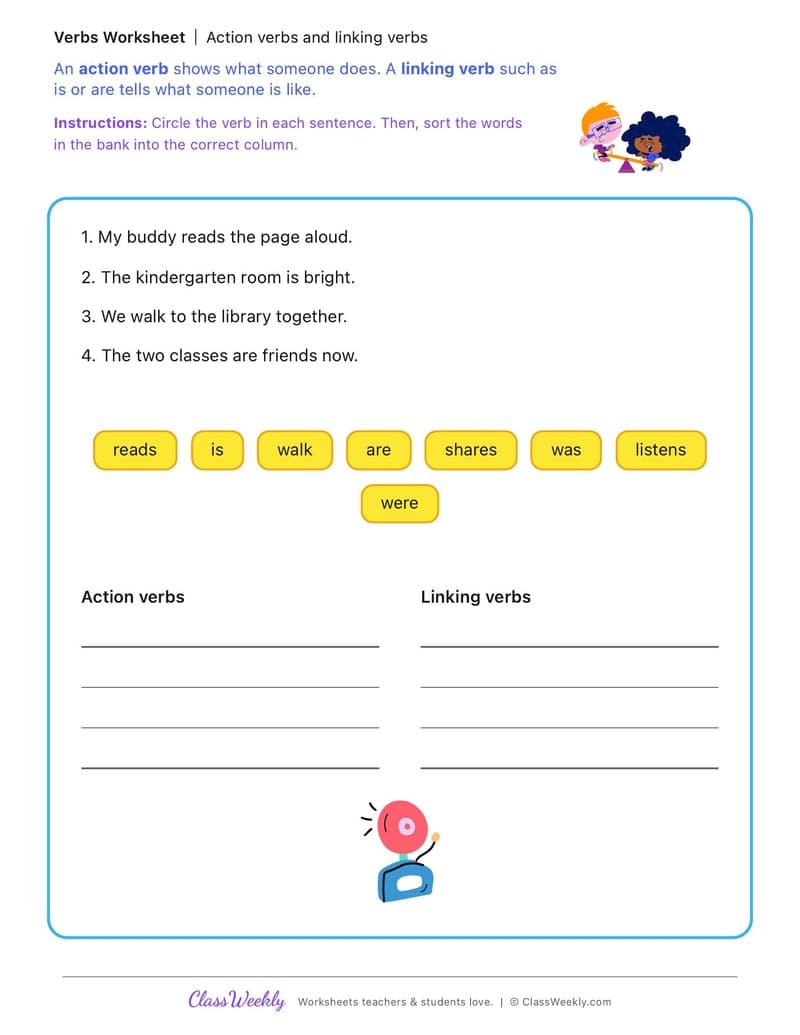 Action verbs and linking verbs - Kindergarten Buddy Day - 2nd Grade worksheet preview