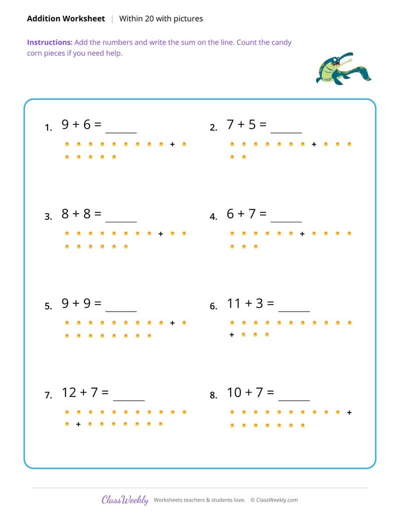Add Within 20 - Halloween - 2nd Grade worksheet preview