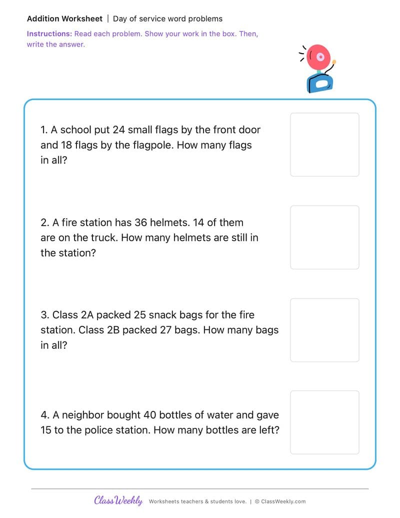 Day of Service Word Problems - Patriot Day - 2nd Grade worksheet preview