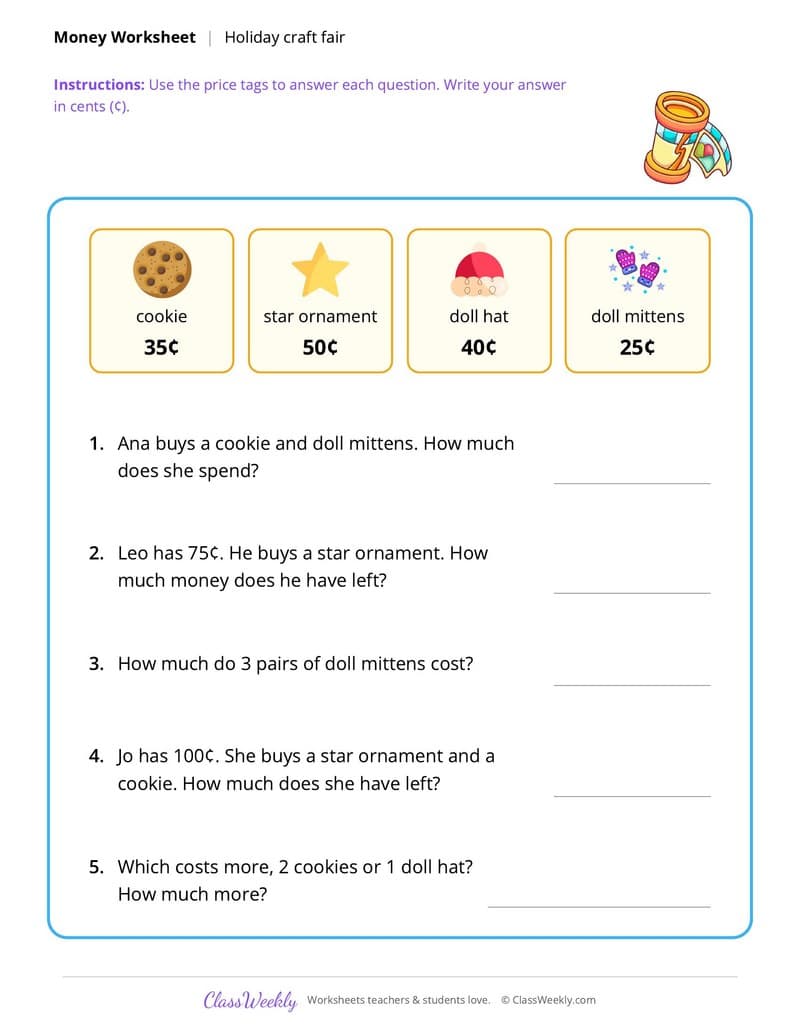 Christmas Money Word Problems - 2nd Grade worksheet preview