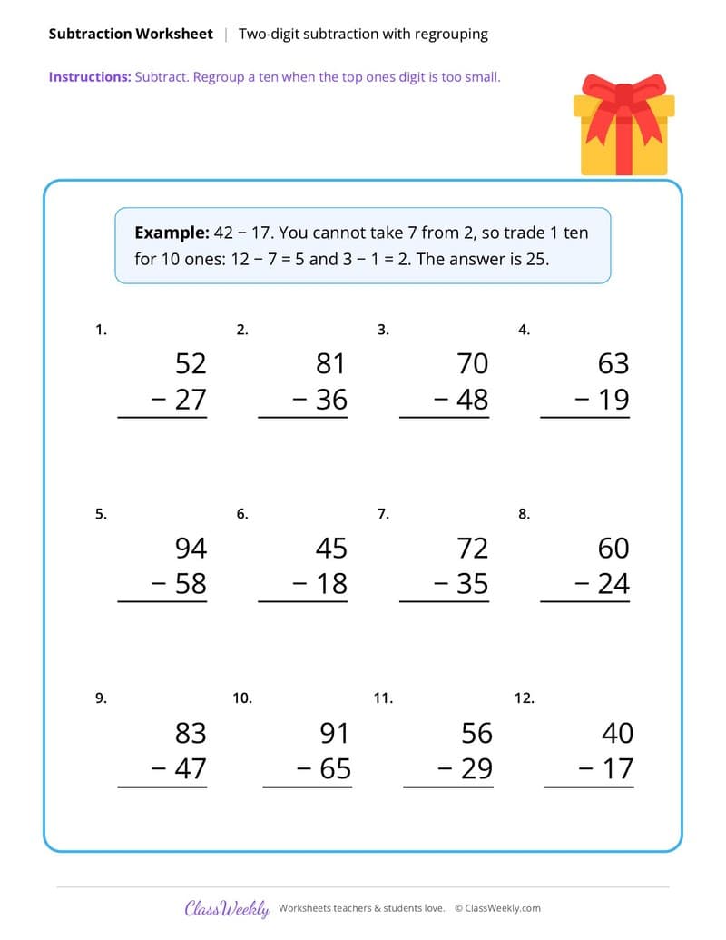 Christmas Subtraction with Regrouping - 2nd Grade worksheet preview