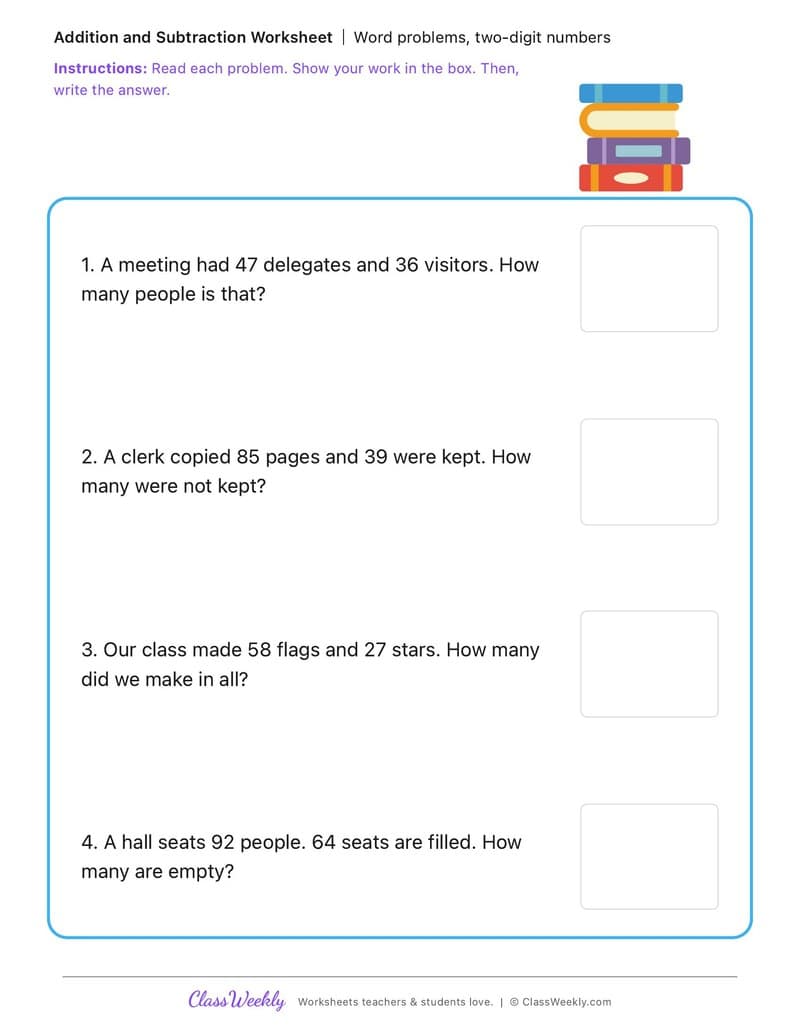 Word problems, two-digit numbers - Anson Jones - 2nd Grade worksheet preview