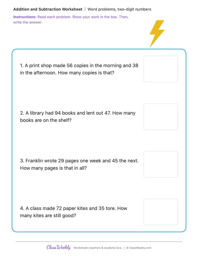 Word problems, two-digit numbers - Benjamin Franklin - 2nd Grade worksheet preview