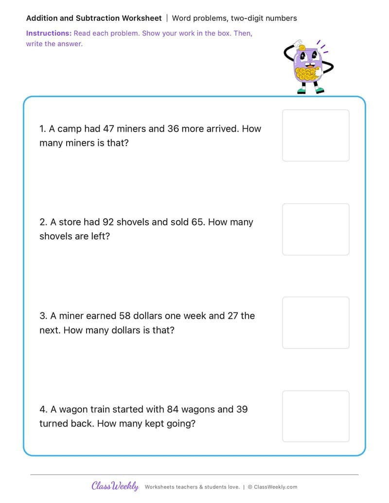 Word problems, two-digit numbers - California Gold Rush - 2nd Grade worksheet preview