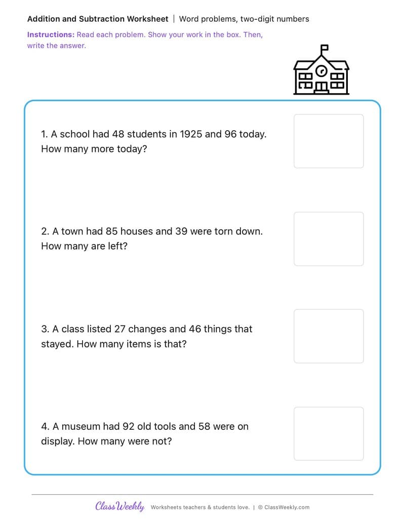 Word problems, two-digit numbers - Change and Continuity - 2nd Grade worksheet preview