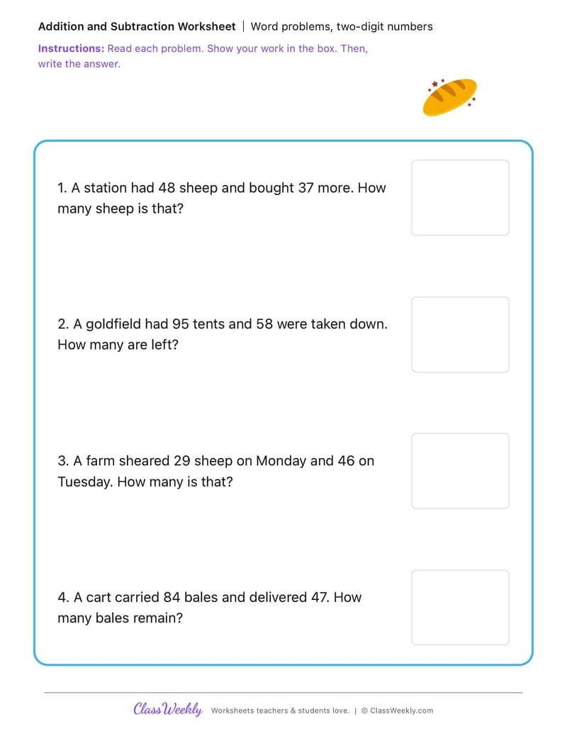 Word problems, two-digit numbers - Colonial Australia (British Colonisation) - 2nd Grade worksheet preview