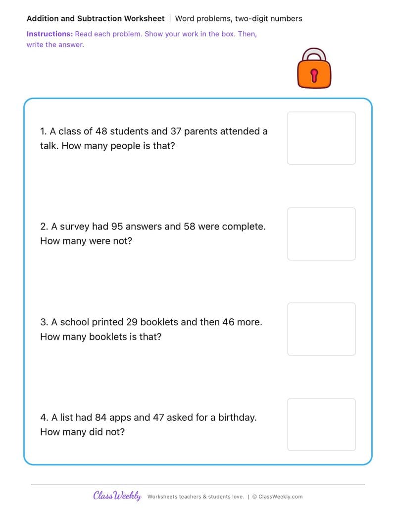 Word problems, two-digit numbers - Data Privacy Day - 2nd Grade worksheet preview