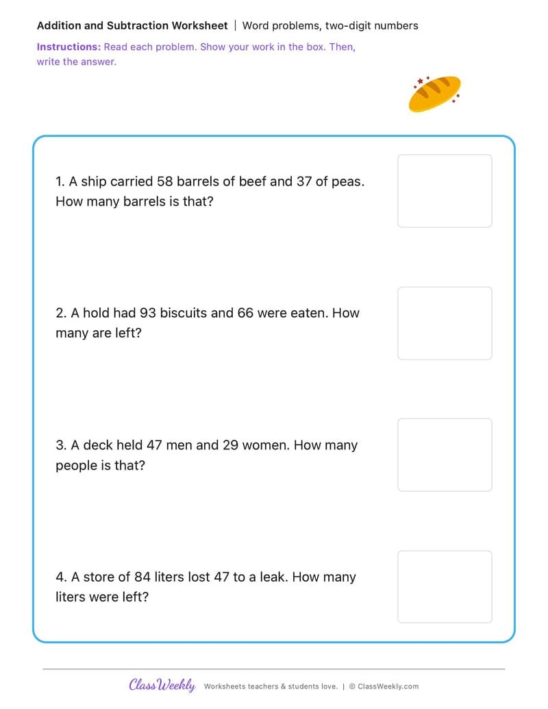 Word problems, two-digit numbers - First Fleet Experiences - 2nd Grade worksheet preview