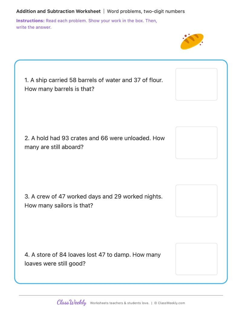Word problems, two-digit numbers - First Fleet - 2nd Grade worksheet preview