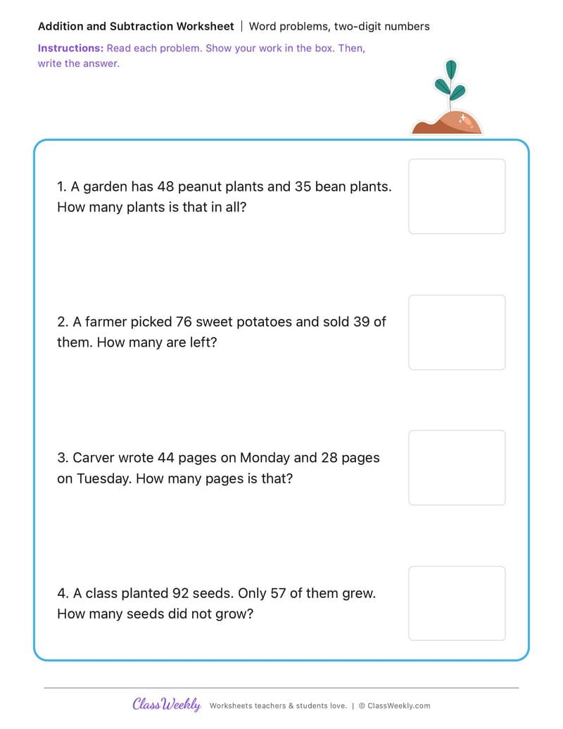 Word problems, two-digit numbers - George Washington Carver - 2nd Grade worksheet preview