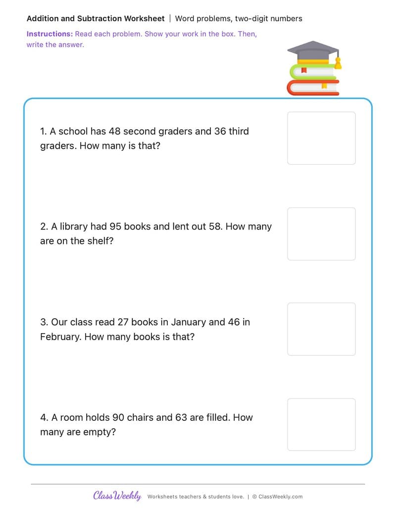 Word problems, two-digit numbers - International Day of Education - 2nd Grade worksheet preview