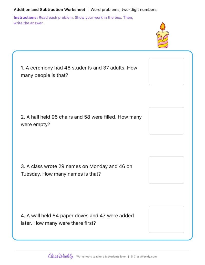 Word problems, two-digit numbers - International Holocaust Remembrance Day - 2nd Grade worksheet preview