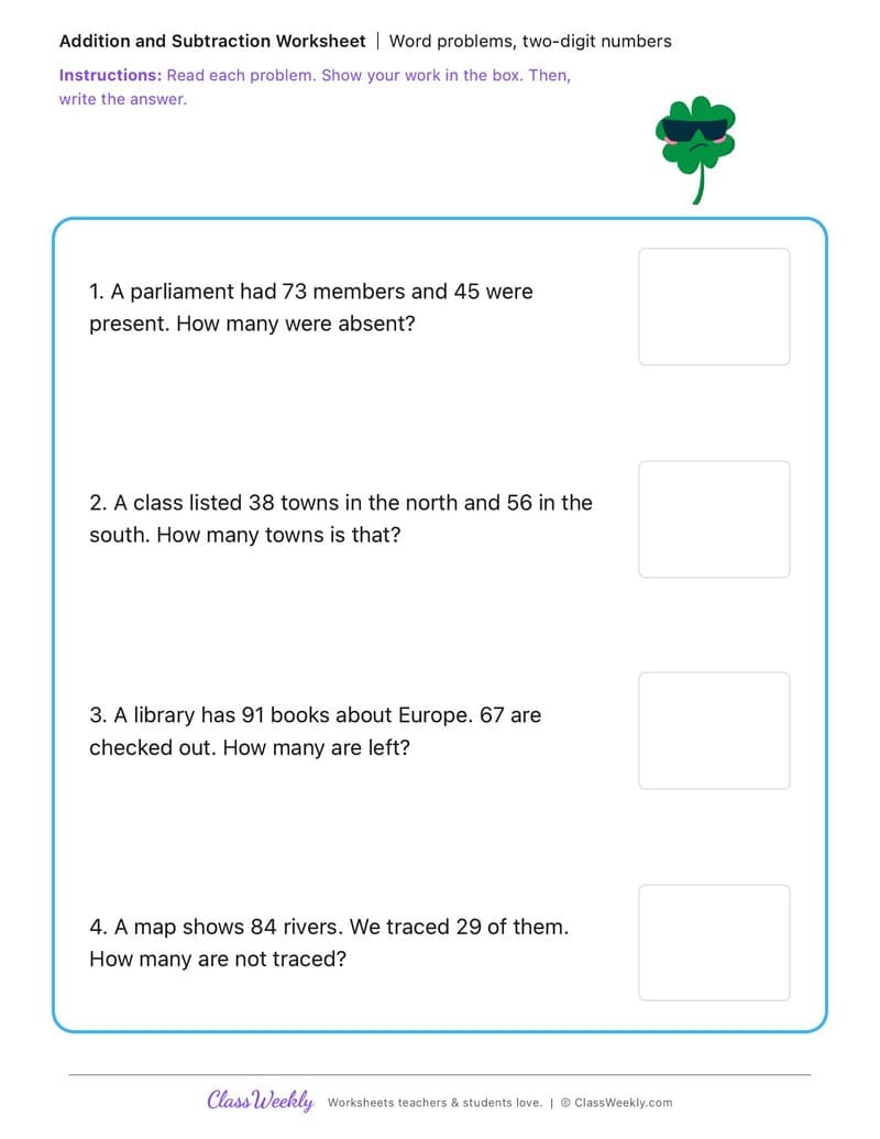 Word problems, two-digit numbers - Irish Revolution and War of Independence - 2nd Grade worksheet preview