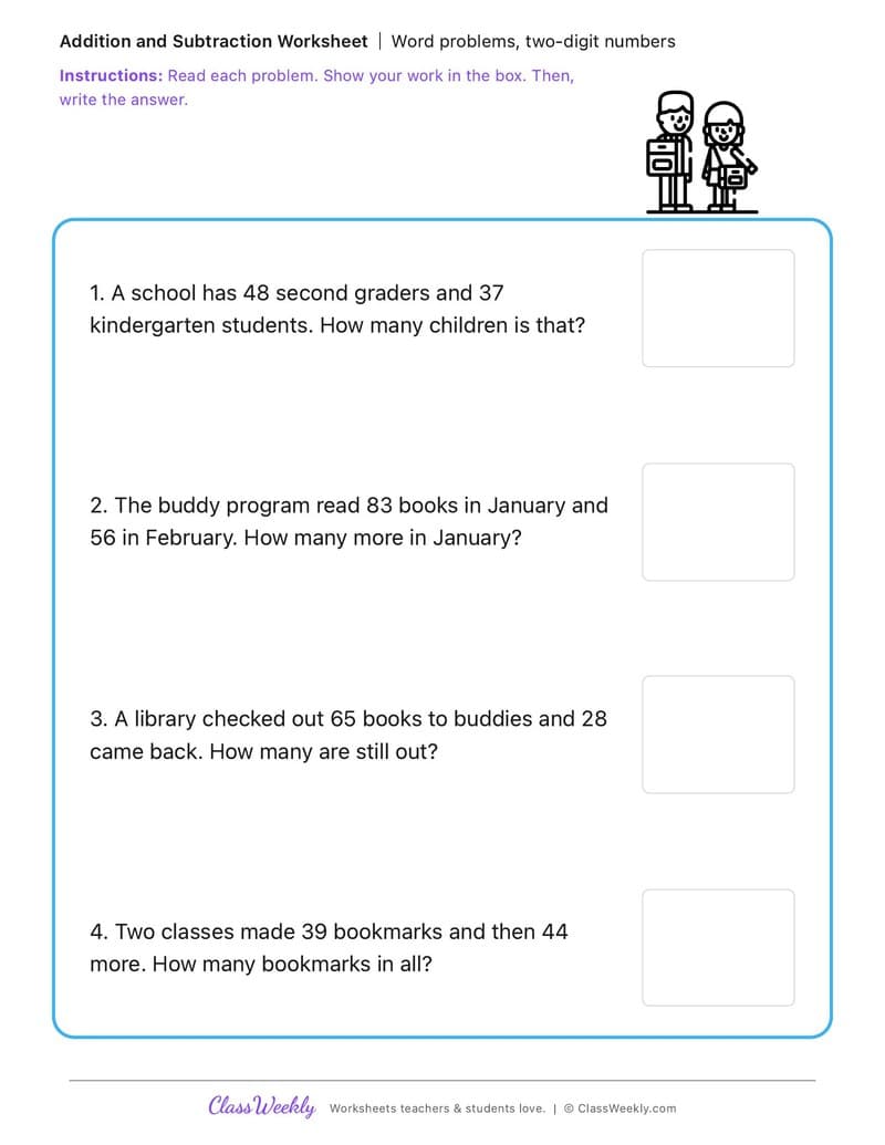 Word problems, two-digit numbers - Kindergarten Buddy Day - 2nd Grade worksheet preview