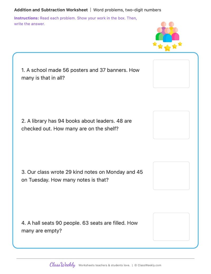 Word problems, two-digit numbers - MLK Day / Black History Month - 2nd Grade worksheet preview