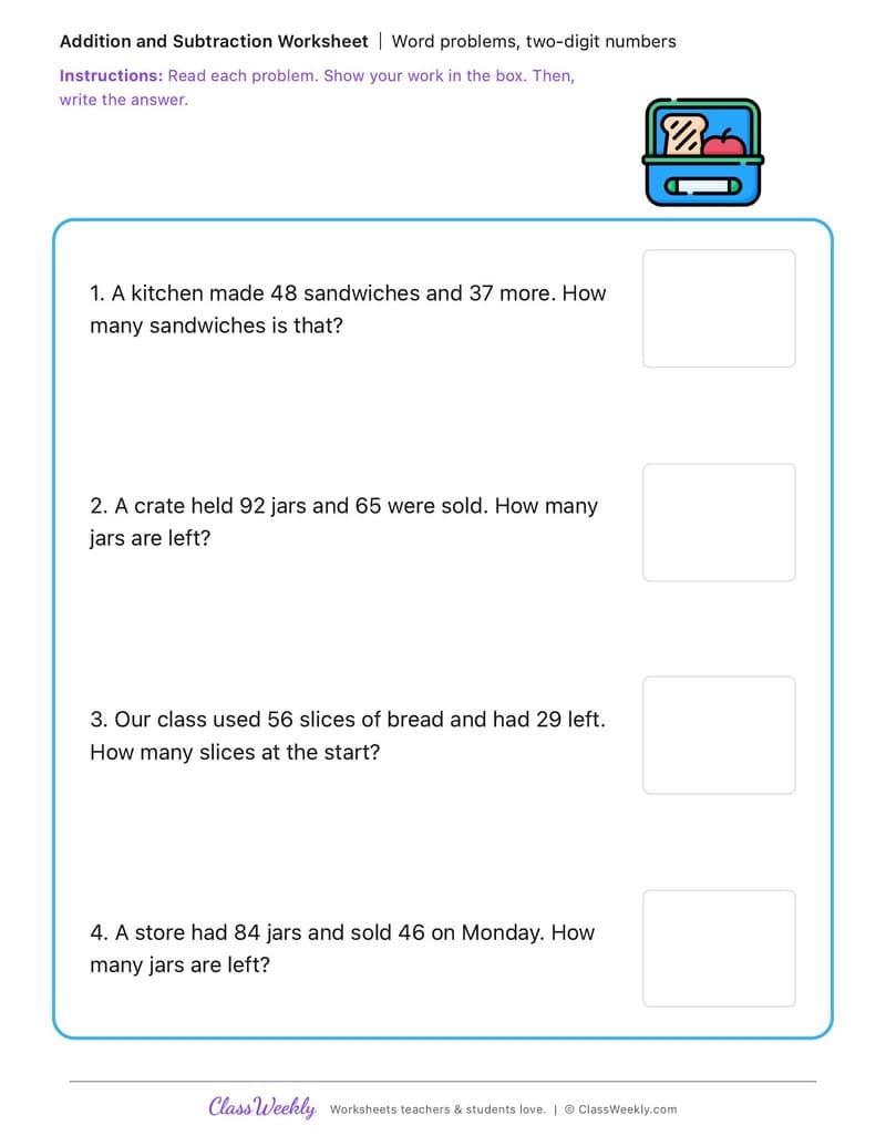 Word problems, two-digit numbers - National Peanut Butter Day - 2nd Grade worksheet preview