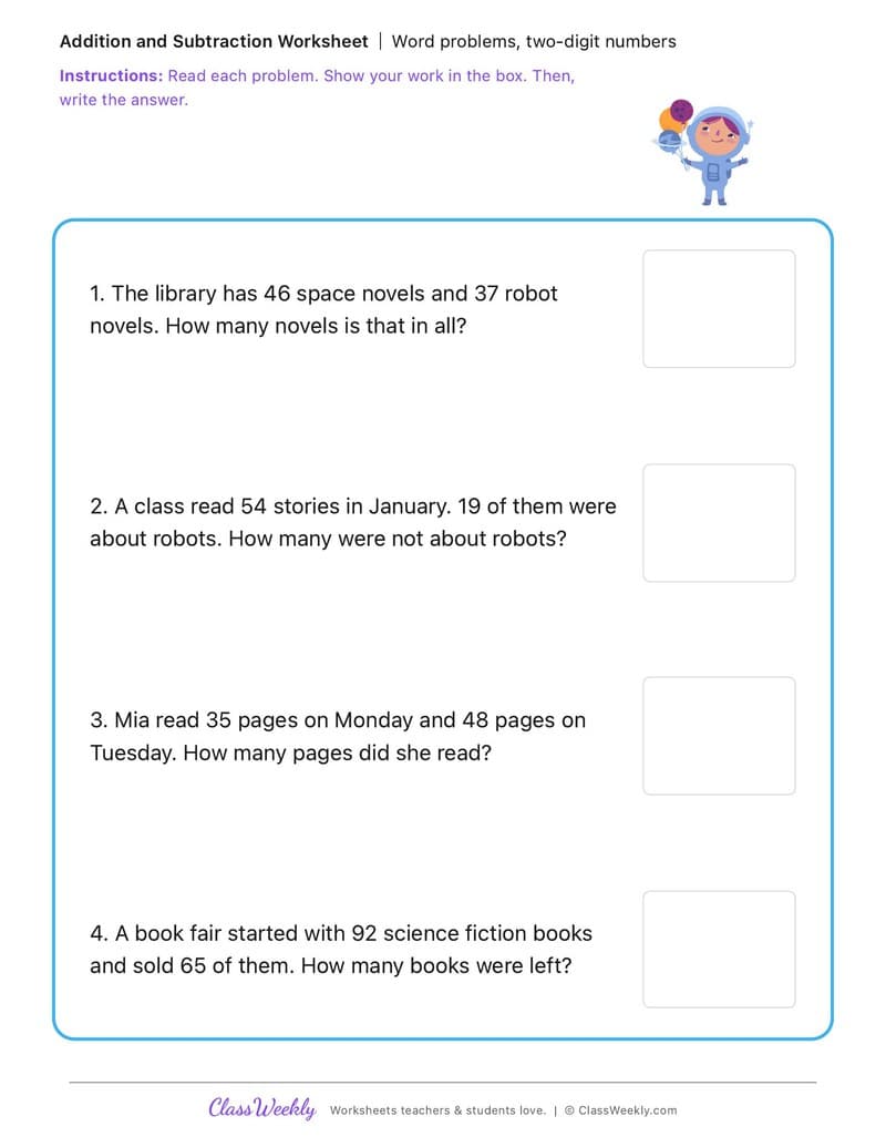 Word problems, two-digit numbers - National Science Fiction Day - 2nd Grade worksheet preview