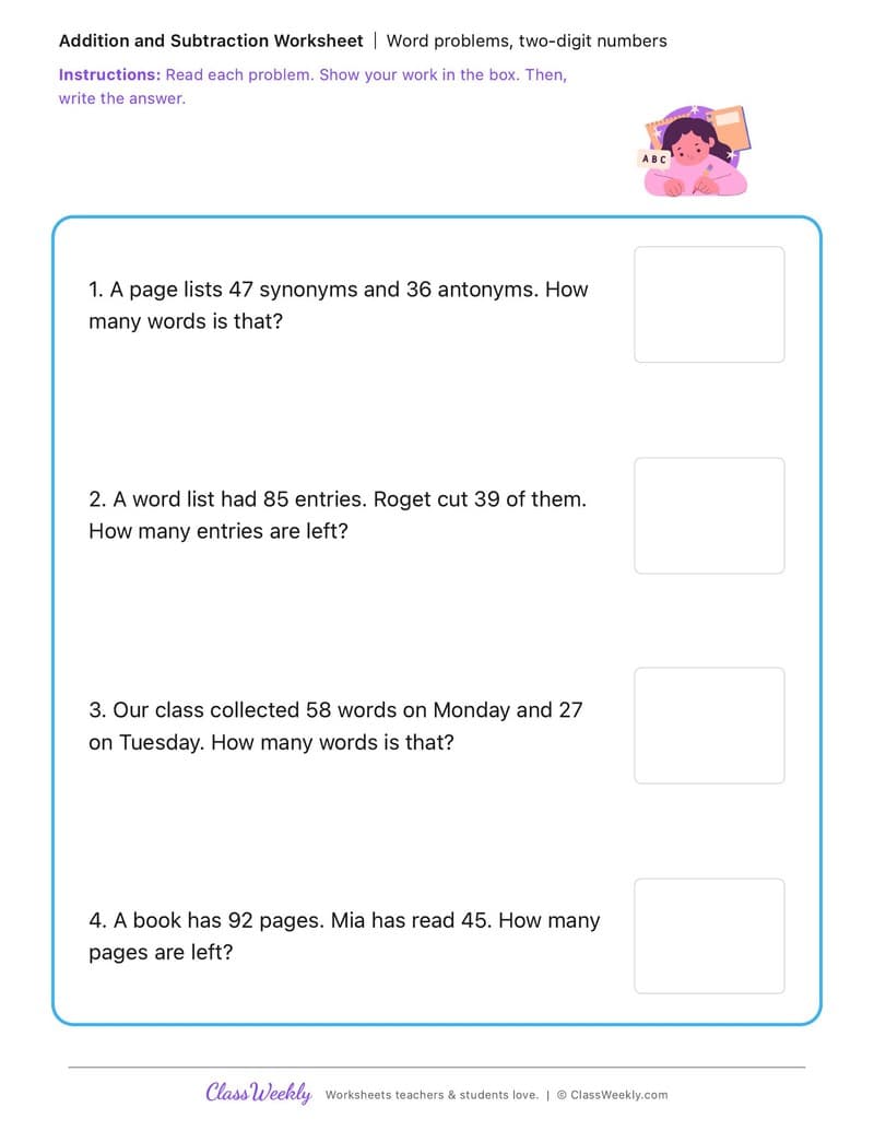 Word problems, two-digit numbers - National Thesaurus Day - 2nd Grade worksheet preview