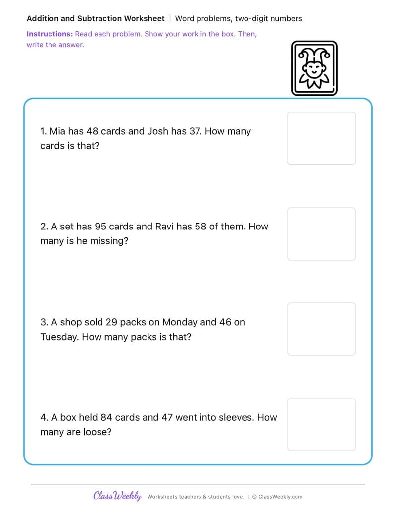 Word problems, two-digit numbers - National Trading Card Day - 2nd Grade worksheet preview