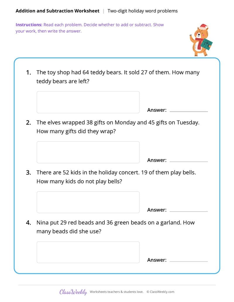 Christmas Two-Digit Word Problems - 2nd Grade worksheet preview