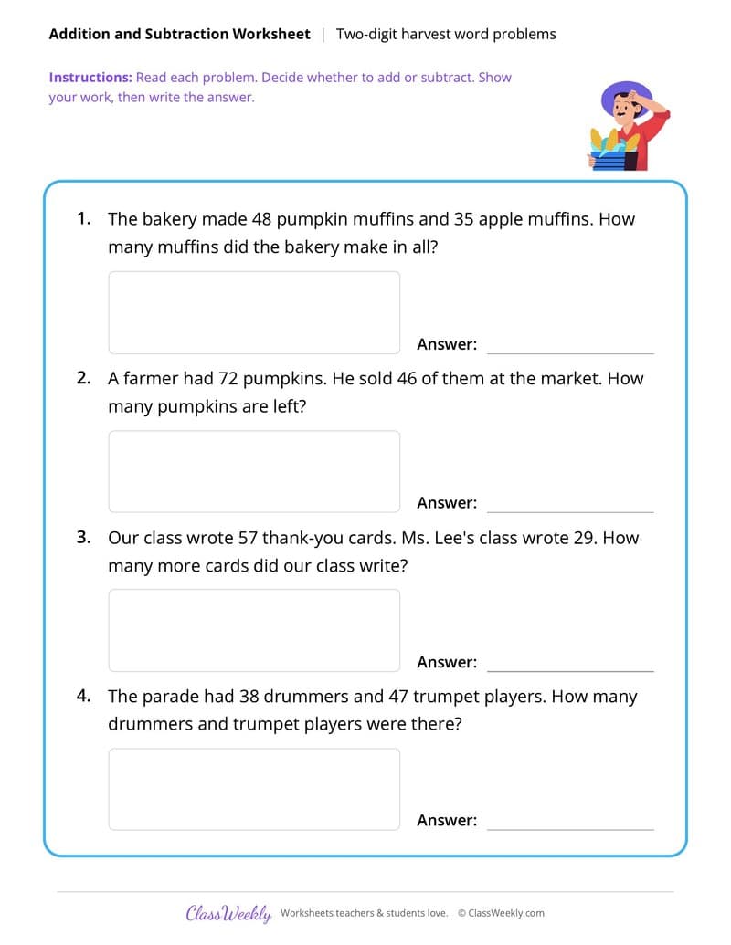 Thanksgiving Two-Digit Word Problems - 2nd Grade worksheet preview