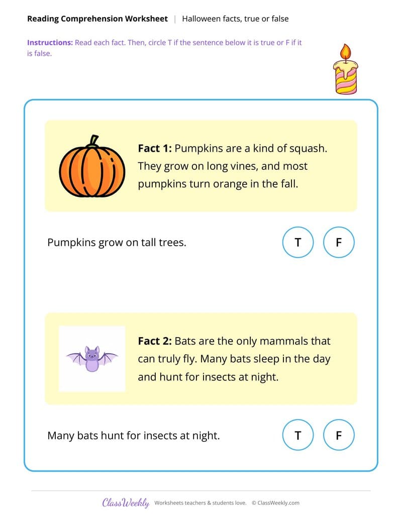 Facts, True or False - Halloween - 2nd Grade worksheet preview