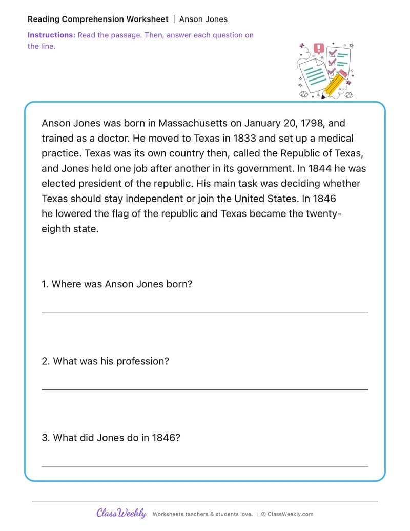 Anson Jones - 2nd Grade worksheet preview
