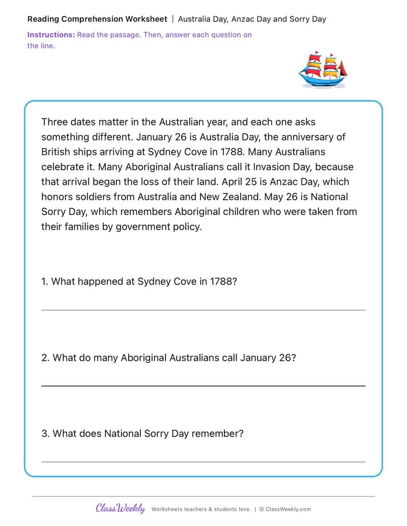 Australia Day, Anzac Day and Sorry Day - 2nd Grade worksheet preview