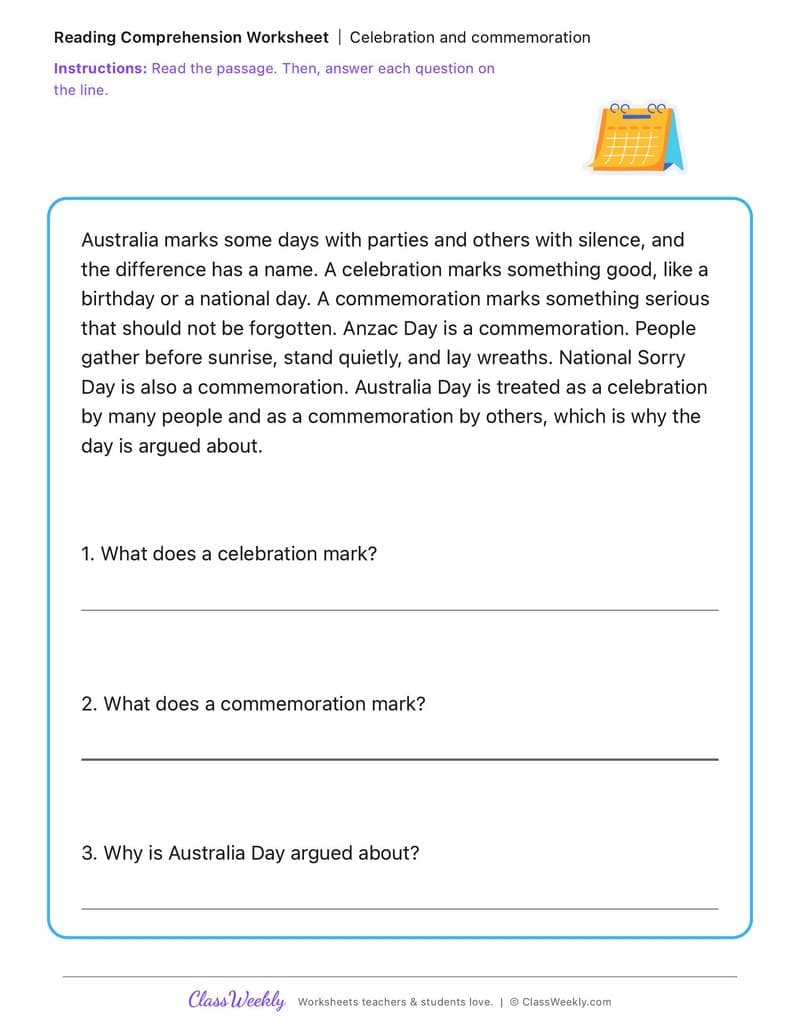 Celebration and commemoration - Australia's Identity, Celebrations and Commemorations - 2nd Grade worksheet preview
