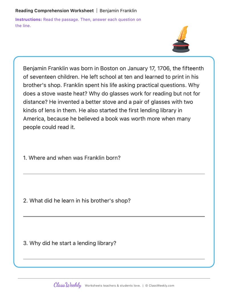 Benjamin Franklin - 2nd Grade worksheet preview