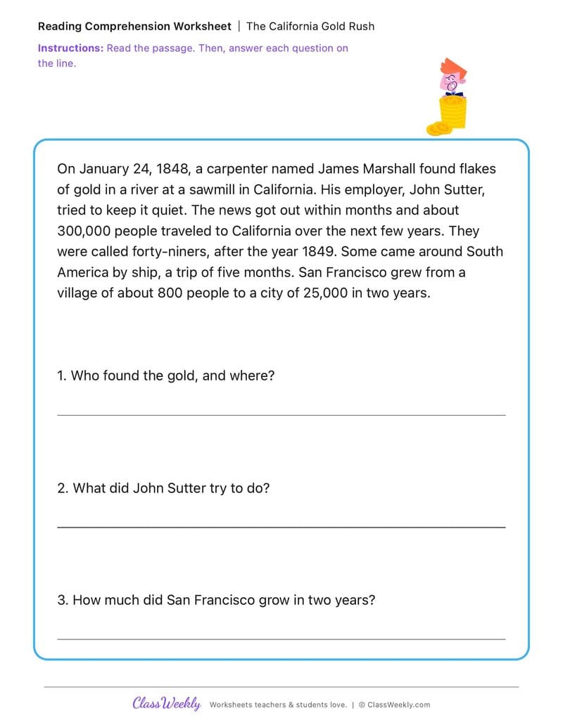 The California Gold Rush - 2nd Grade worksheet preview