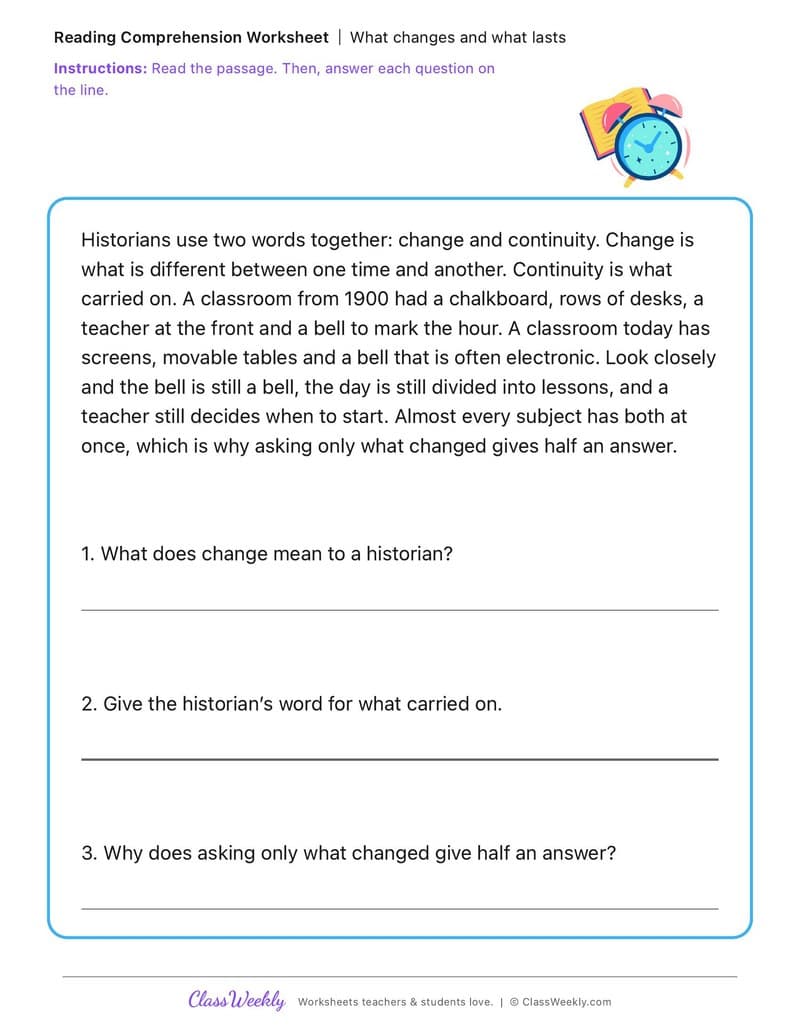 What changes and what lasts - Change and Continuity - 2nd Grade worksheet preview