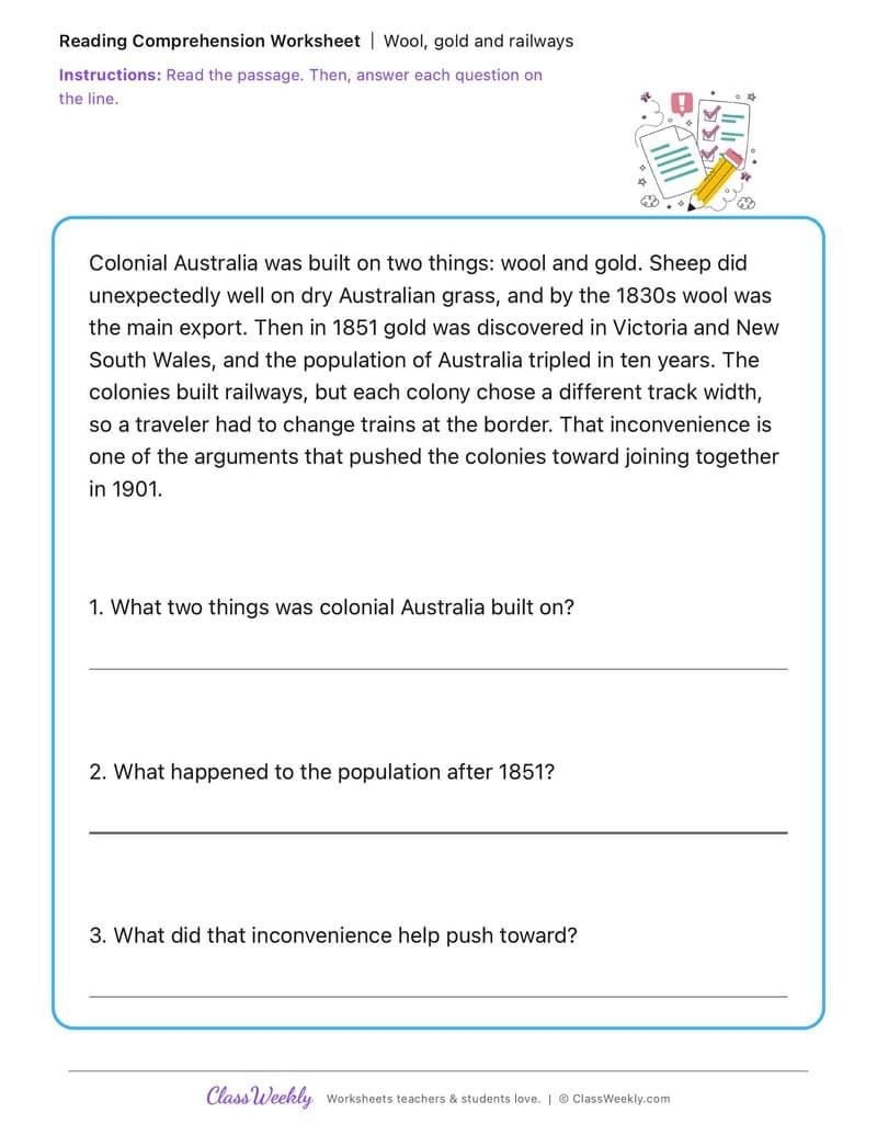 Wool, gold and railways - Colonial Australia (British Colonisation) - 2nd Grade worksheet preview
