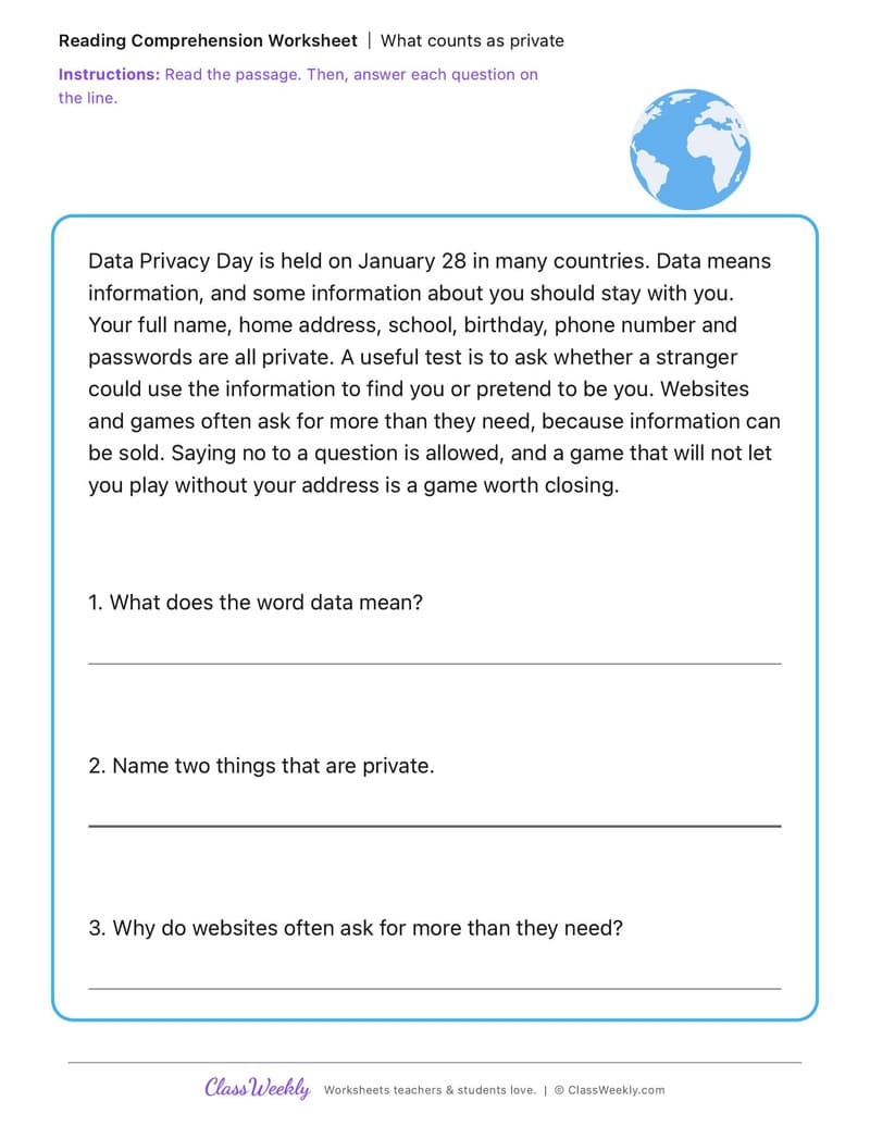 What counts as private - Data Privacy Day - 2nd Grade worksheet preview