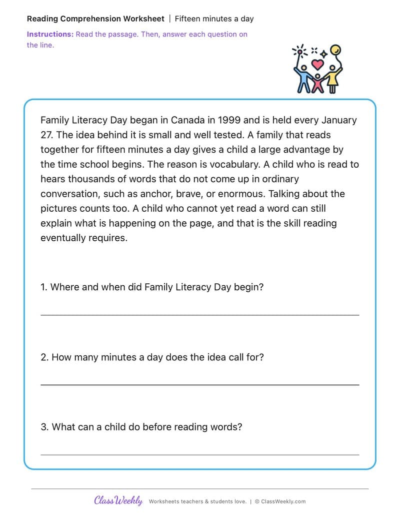 Fifteen minutes a day - Family Literacy Day - 2nd Grade worksheet preview