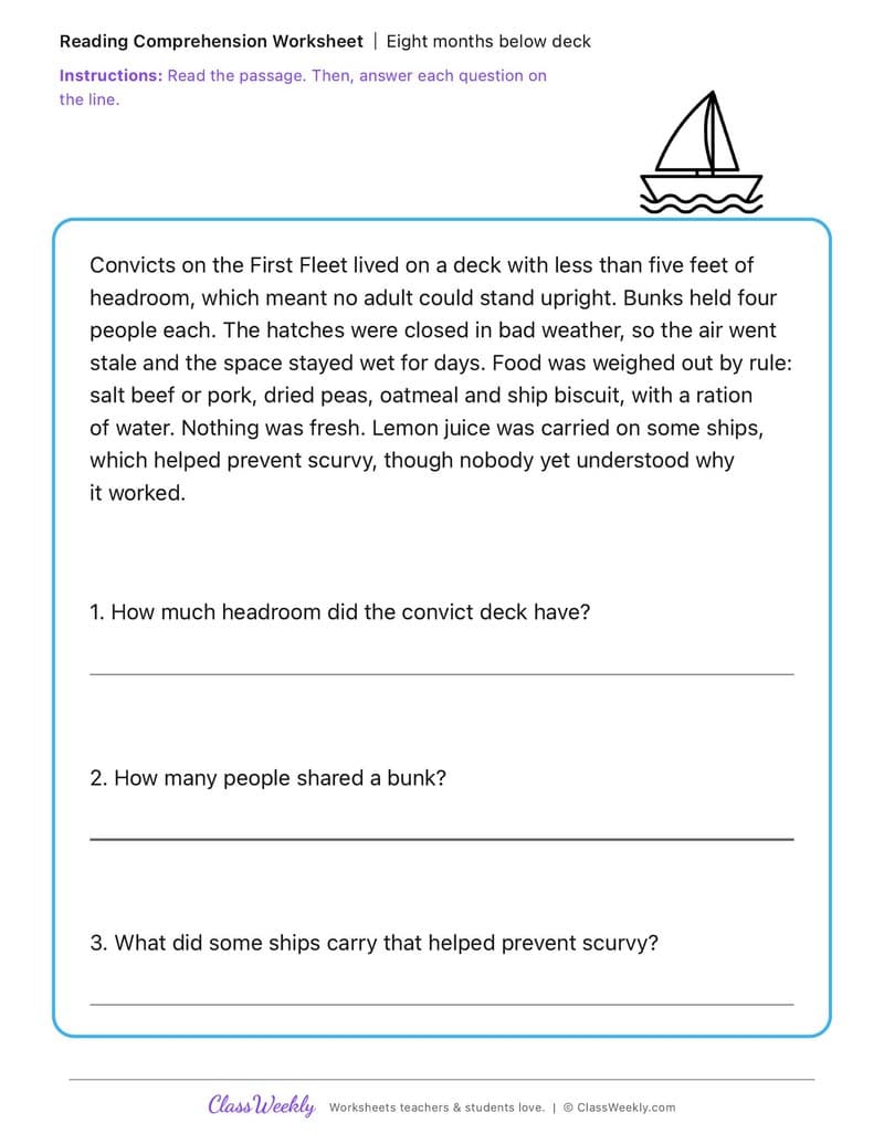 Eight months below deck - First Fleet Experiences - 2nd Grade worksheet preview