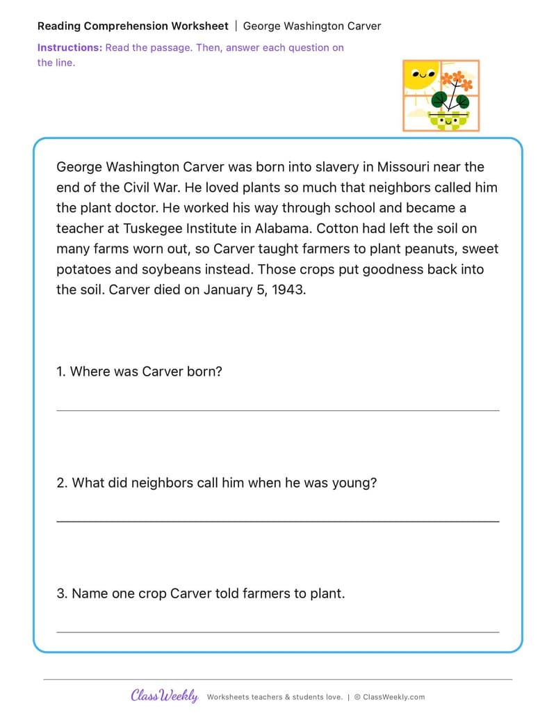 George Washington Carver - 2nd Grade worksheet preview
