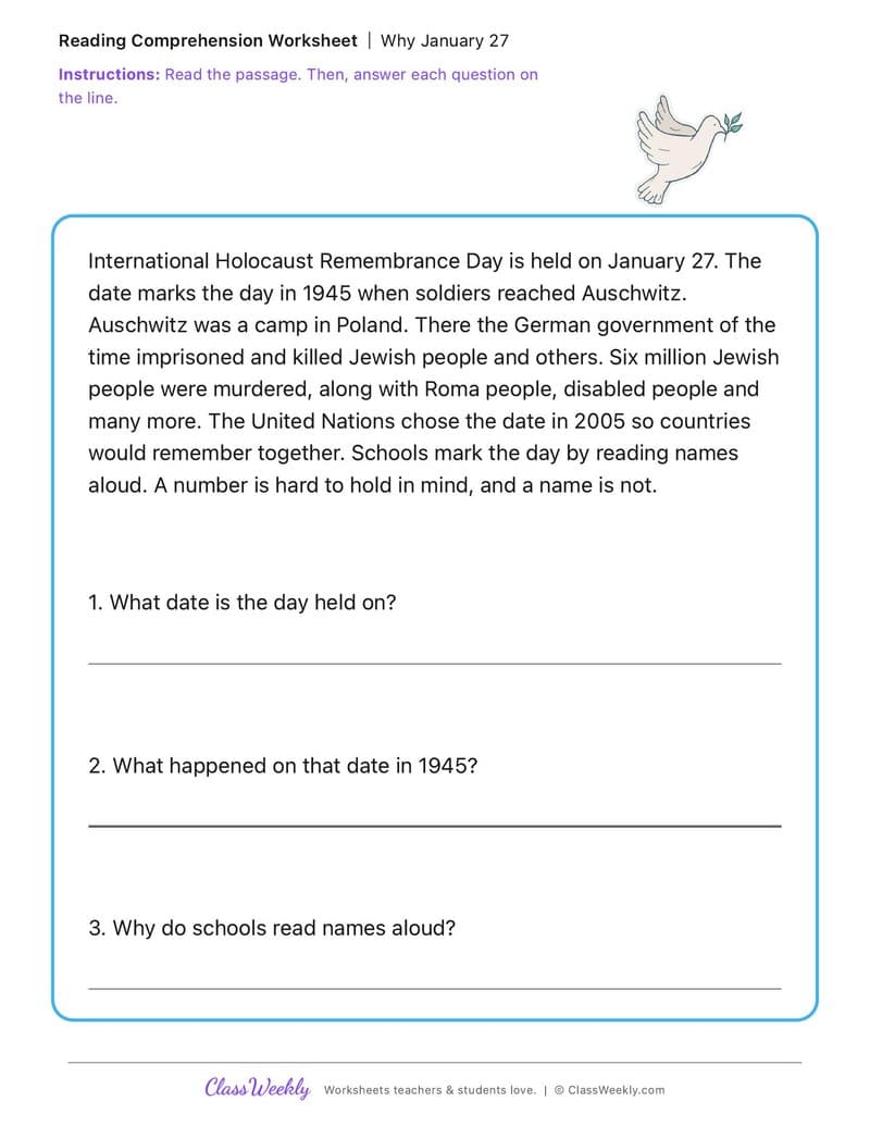 Why January 27 - International Holocaust Remembrance Day - 2nd Grade worksheet preview