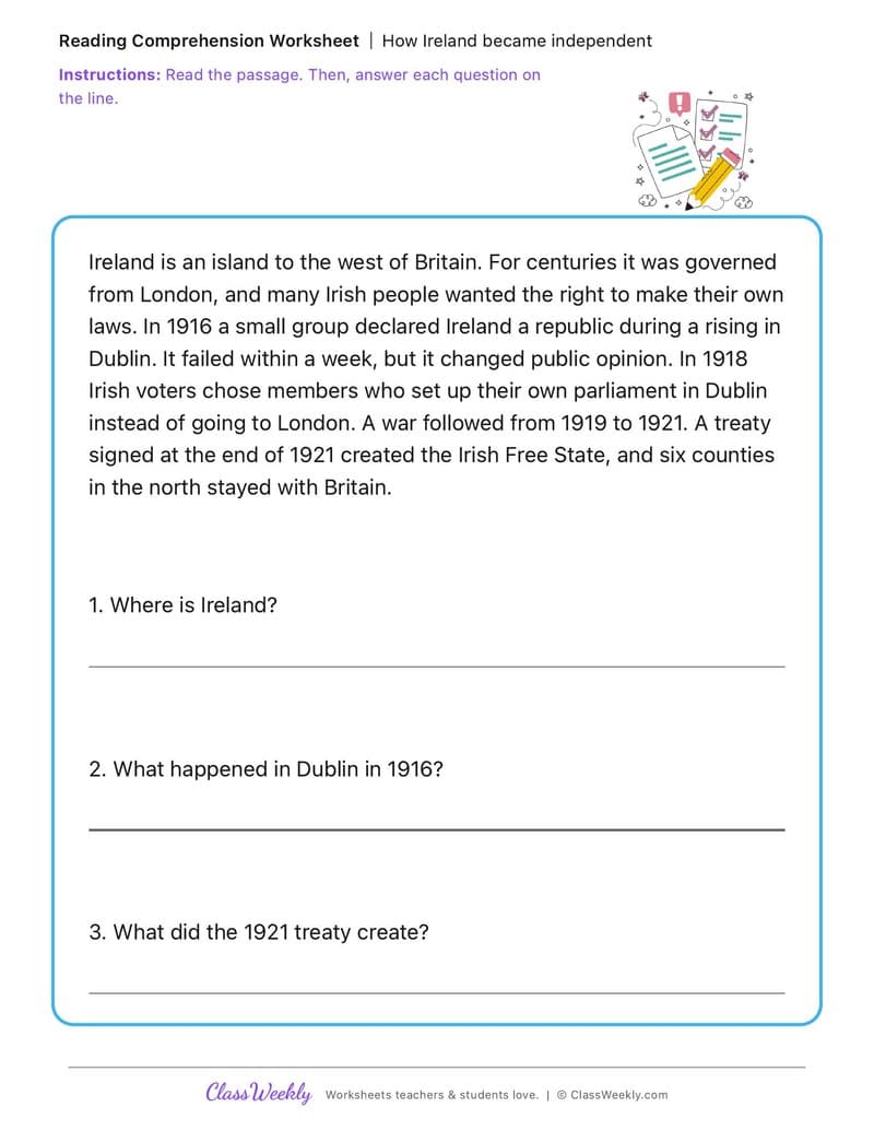 How Ireland became independent - Irish Revolution and War of Independence - 2nd Grade worksheet preview