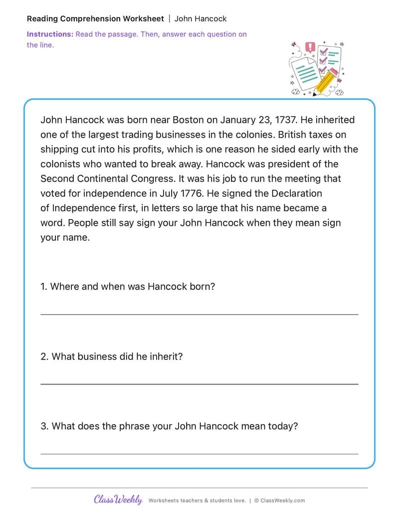 John Hancock - 2nd Grade worksheet preview