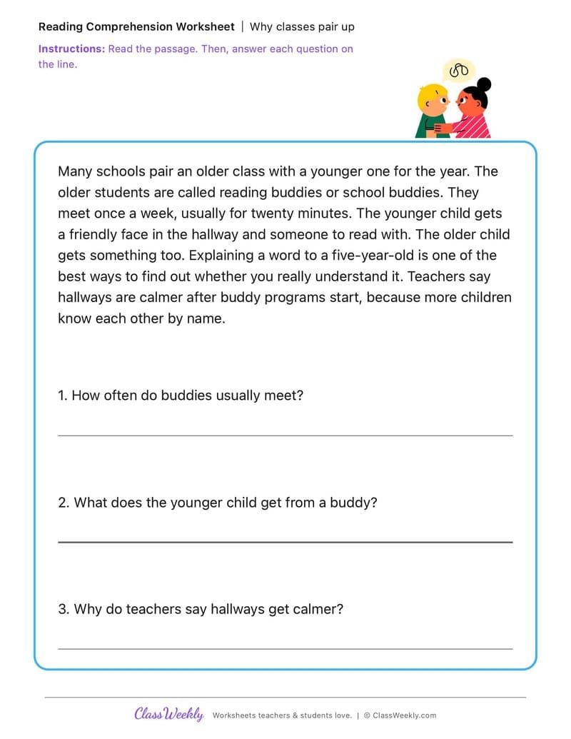 Why classes pair up - Kindergarten Buddy Day - 2nd Grade worksheet preview