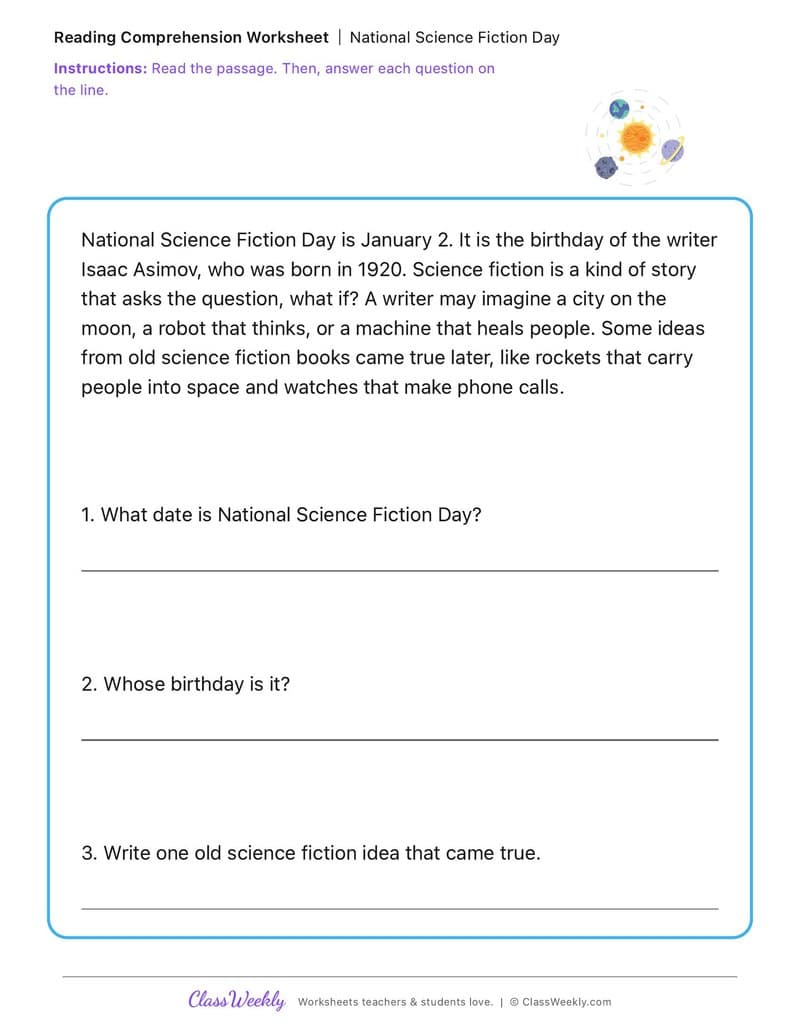 National Science Fiction Day - 2nd Grade worksheet preview