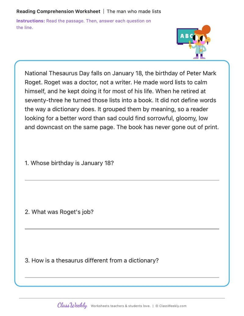 The man who made lists - National Thesaurus Day - 2nd Grade worksheet preview