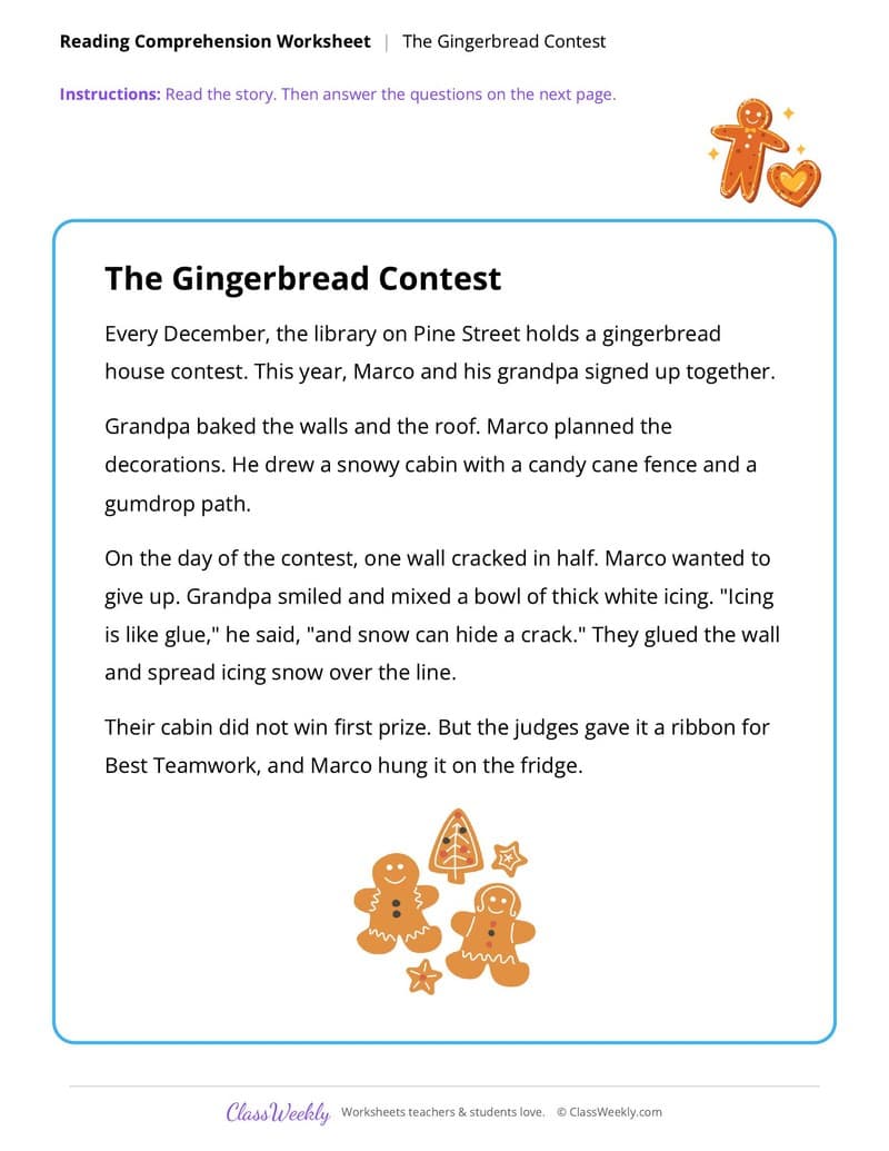 Christmas Reading Comprehension: The Gingerbread Contest - 2nd Grade worksheet preview