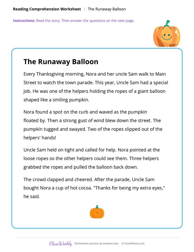 Thanksgiving Reading Comprehension: The Runaway Balloon - 2nd Grade worksheet preview
