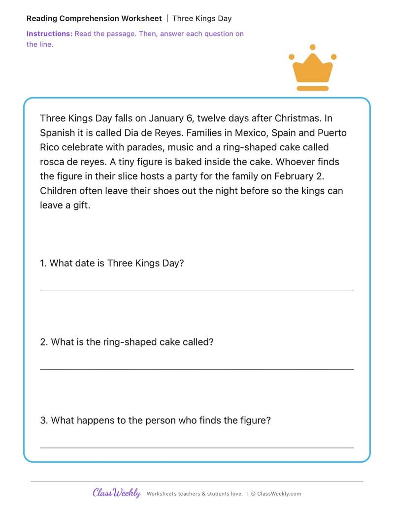 Three Kings Day - 2nd Grade worksheet preview
