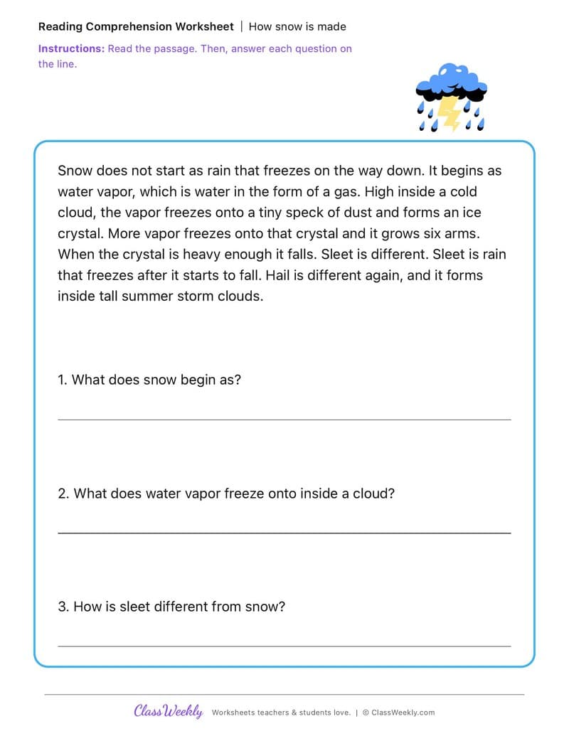 How snow is made - Winter Science & Weather - 2nd Grade worksheet preview