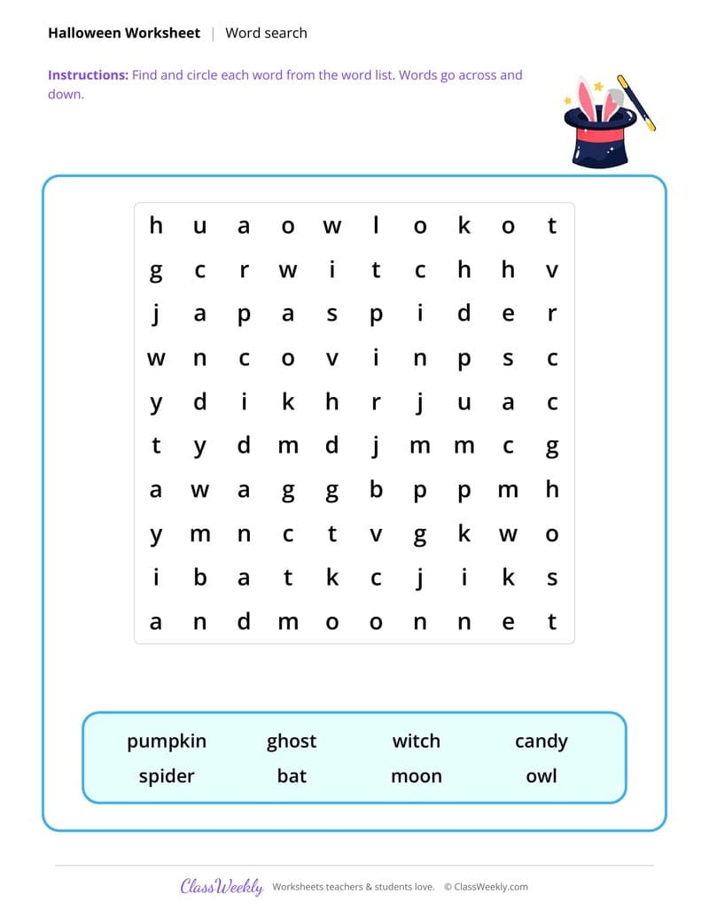 Word Search - Halloween - 2nd Grade worksheet preview