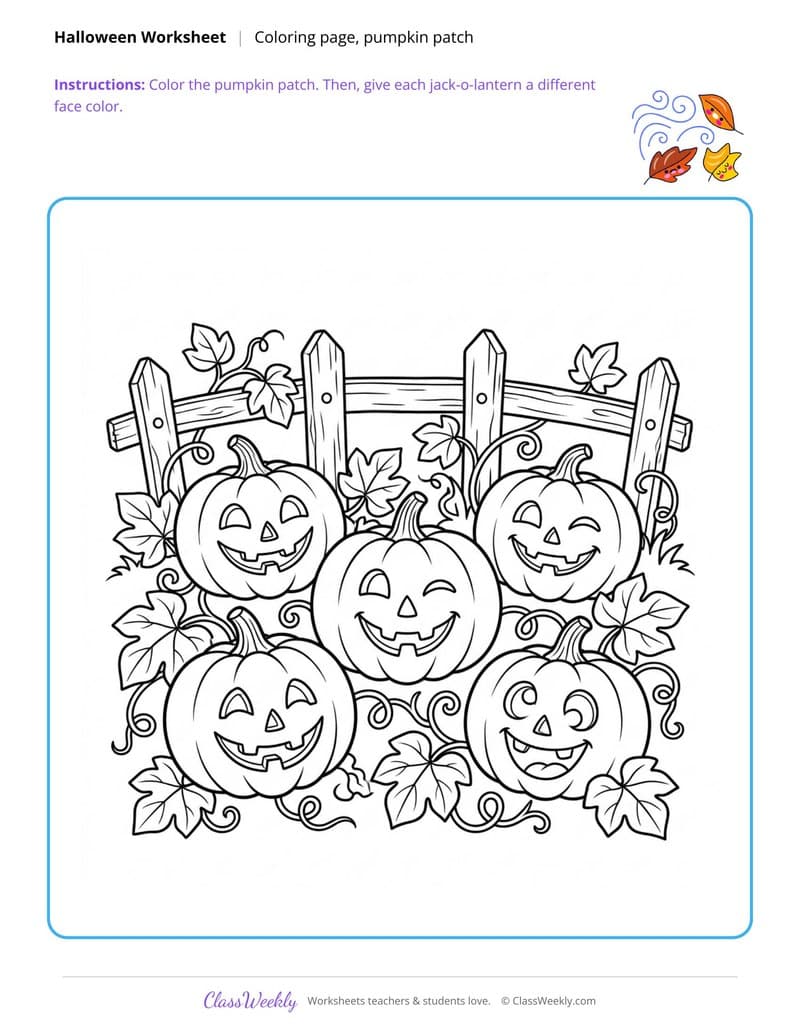 Pumpkin Patch Coloring Page - Halloween - 3rd Grade Coloring Pages worksheet preview
