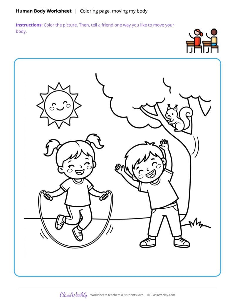 Moving My Body Coloring Page - Human Body - 2nd Grade Coloring Pages printable preview